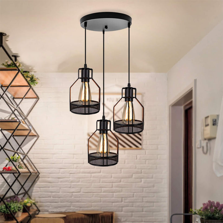 Suspension Luminaire Industriel Rétro en Métal avec Cage 1/3 Lumière 