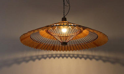 Antique Solid Wood Parchment Umbrella Shaped 1-Light Pendant Light