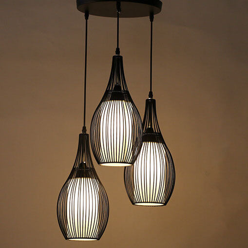 Lámparas de araña colgantes de 3 luces en forma de lágrima de hierro negro vintage 