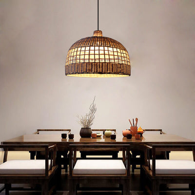 Vintage Rattan Weaving 1-Light Dome Pendant Light