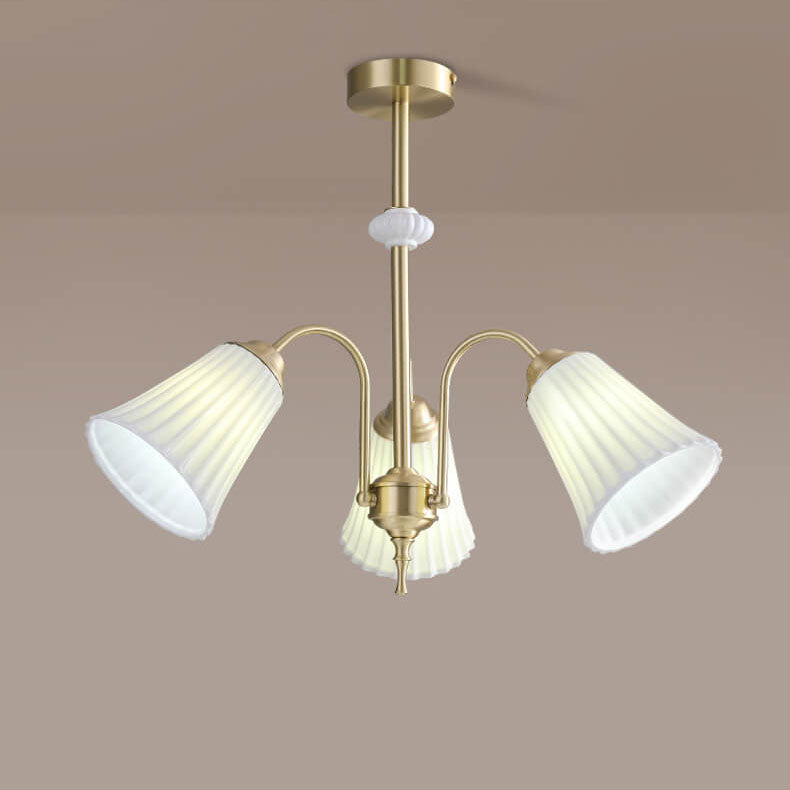 Lámpara de araña contemporánea nórdica de cerámica blanca, cobre y hierro con pantalla cónica a rayas de 3/5 luces para sala de estar 