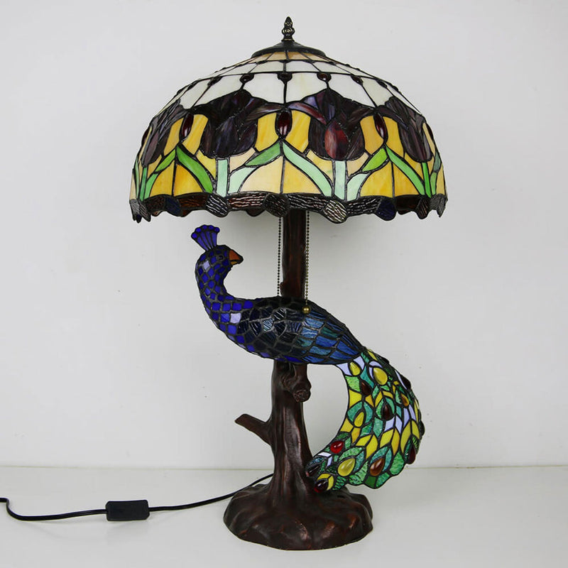 Tiffany Classical Flower Stained Glass Peacock Base 3-Light Table Lamp
