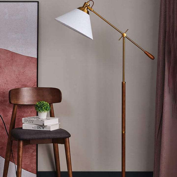 Traditional Vintage Fabric Cone Metal Ash Wood 1-Light Standing Floor Lamp For Bedroom