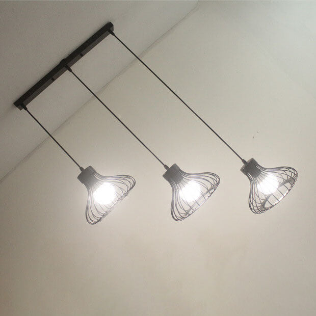 Zeitgenössischer industrieller Eisen-Schwarzer ovaler, hohler Käfig-1/3-Licht-Insel-Licht-Kronleuchter für das Wohnzimmer 