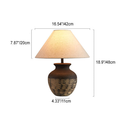Traditional Japanese Fabric Shade Ceramic Jar Base 1-Light Table Lamp For Study