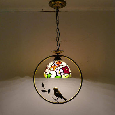 Tiffany Rustic Dome Stained Glass Ring Bird Design 1-Light Pendant Light