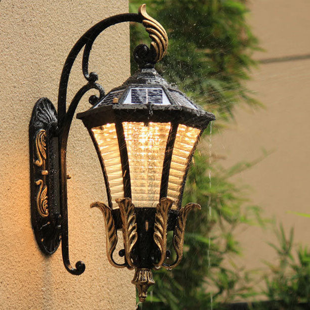 European Solar Hexagonal Lantern Outdoor Waterproof Patio LED Wall Sconce Lamp