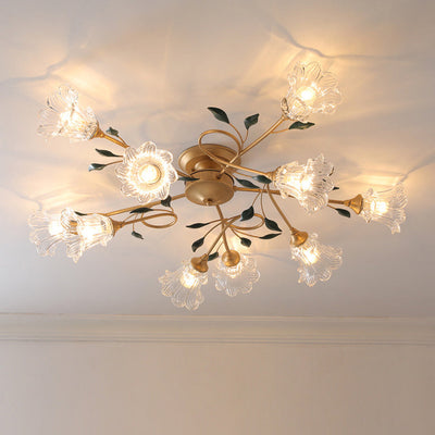 Traditional European Floral Iron Glass 6/8/10 Light Semi-Flush Mount Ceiling Light For Bedroom