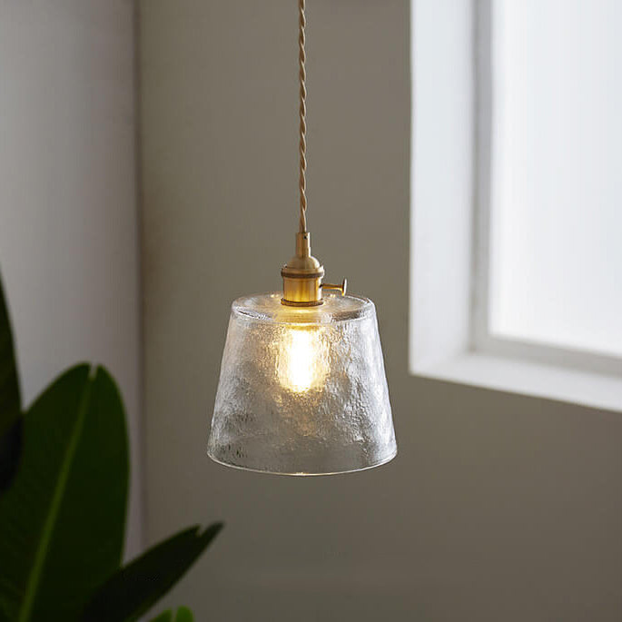 Traditionelle Vintage-Pendelleuchte aus Glas und Kupfer mit rundem Trommelschirm, 1-flammig, für das Wohnzimmer 