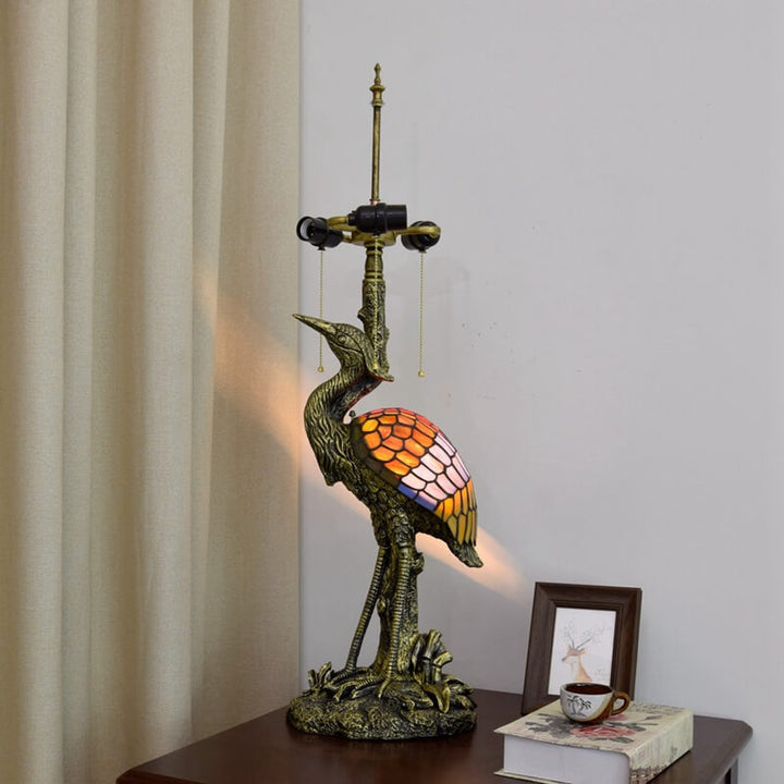 Tiffany Vintage Kran Schirmharz Buntglas 3-Licht Tischlampe 