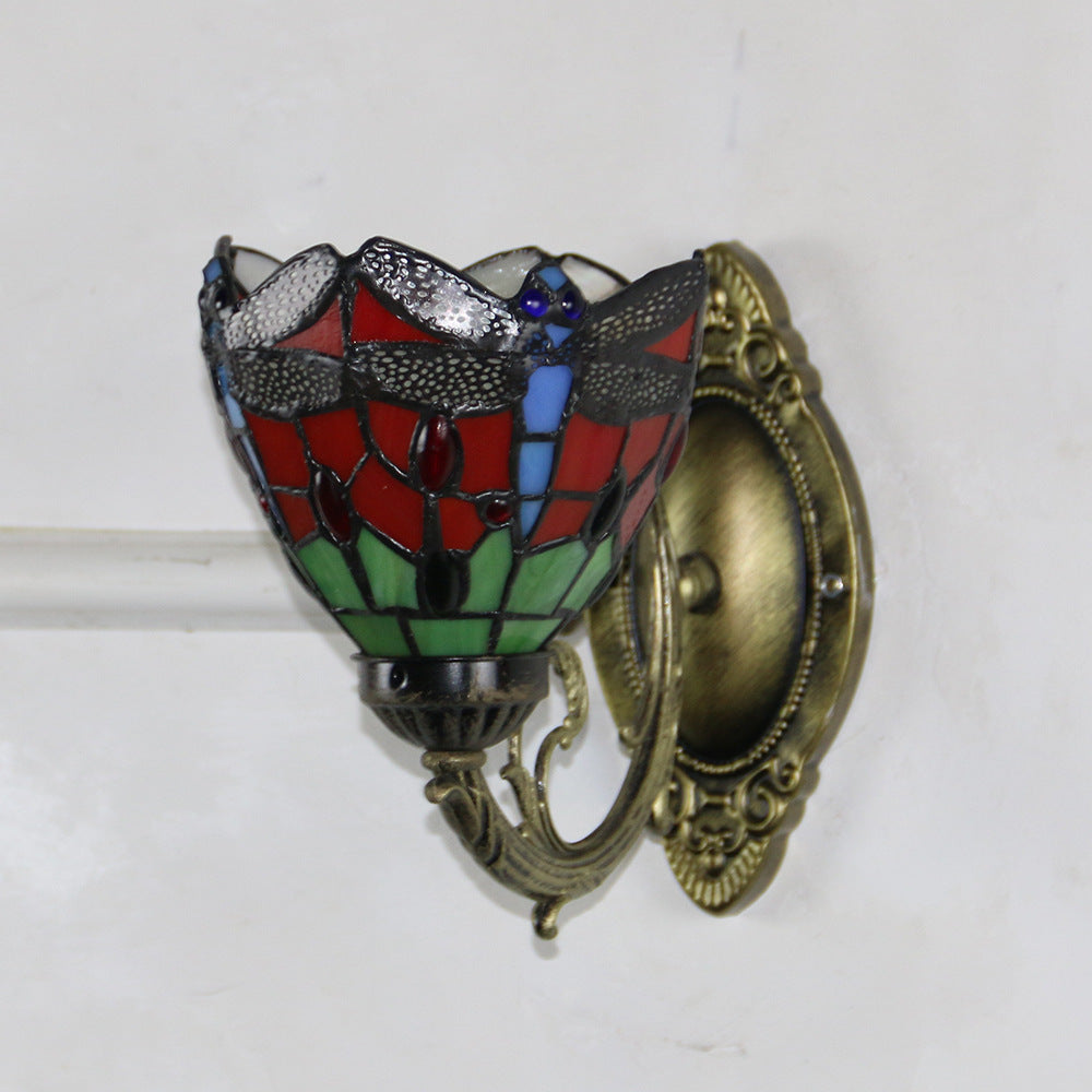 Traditional Tiffany Baroque Stained Glass Iron Round Bowl 1-Light Wall Sconce Lamp for Living Room