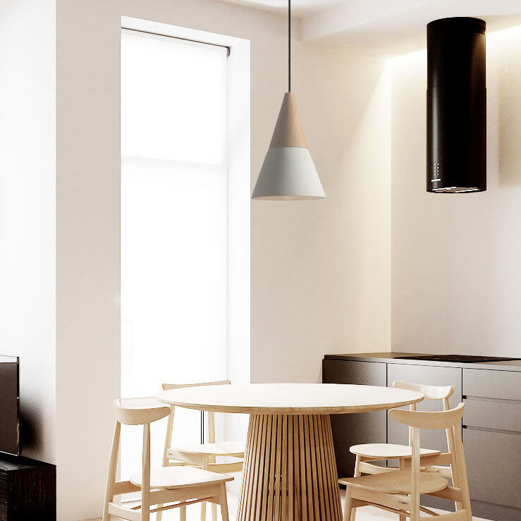 Suspension Luminaire à 1 Lumière en Bois de Sable Blanc Minimaliste Moderne en Forme de Trompette Évasée 