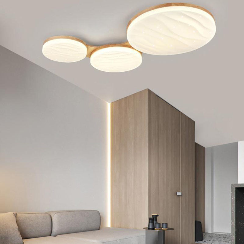 Contemporary Nordic Wood Frame Acrylic Round Shade LED Flush Mount Ceiling Light For Living Room