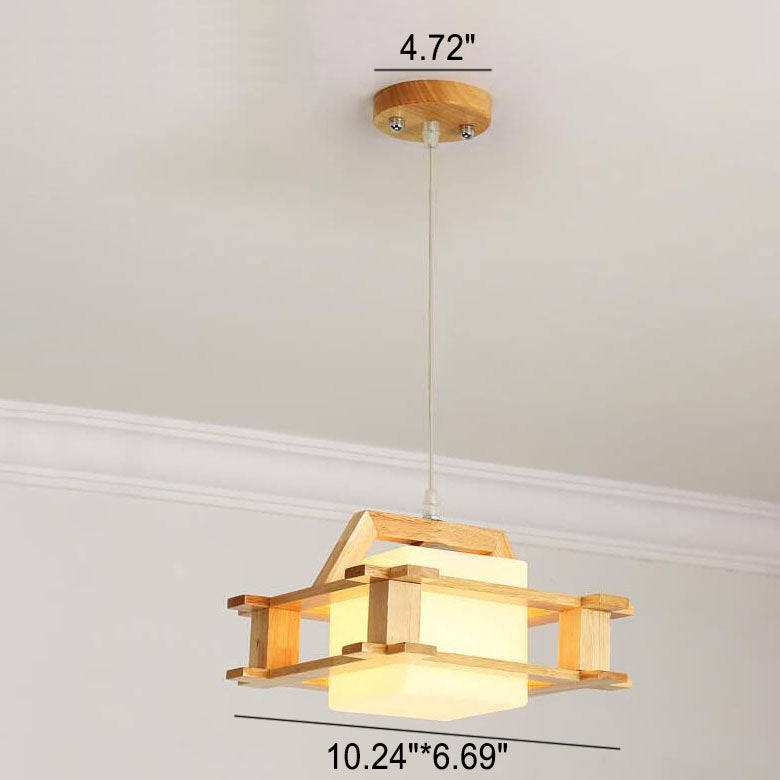 Japanischer einfacher Log-Quadrat-Glasholzrahmen 1/3-Licht-Kronleuchter