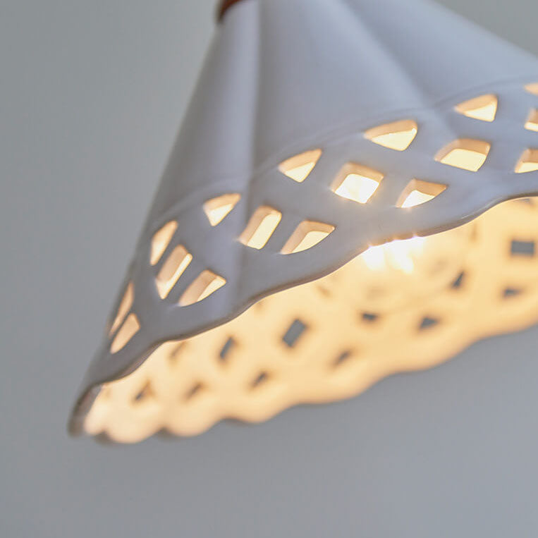 Japanese Minimalist Funnel-Shaped Hollow Ceramic 1-Light Pendant Light