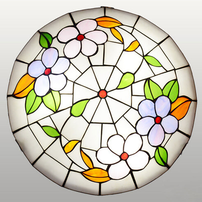 European Tiffany Round Flower Stained Glass 2/3 Light Flush Mount Ceiling Light