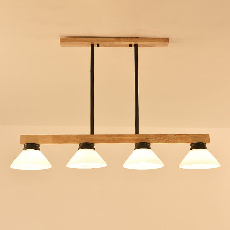 Lámpara de Araña de Isla de 3/4 Luces con Pantalla de Vidrio Cónica de Madera Maciza Nórdica 