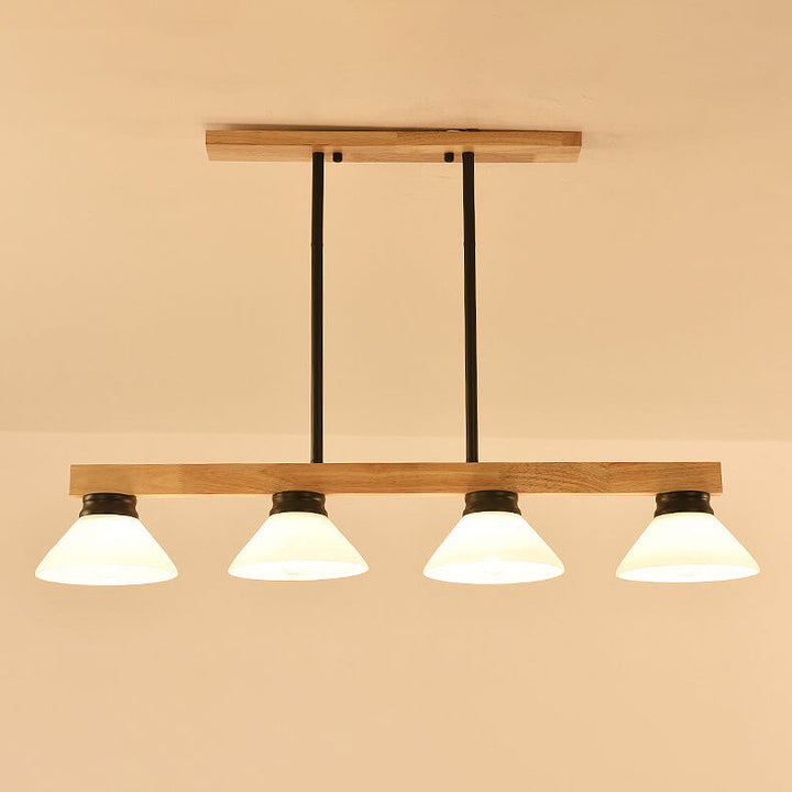 Lámpara de Araña de Isla de 3/4 Luces con Pantalla de Vidrio Cónica de Madera Maciza Nórdica 