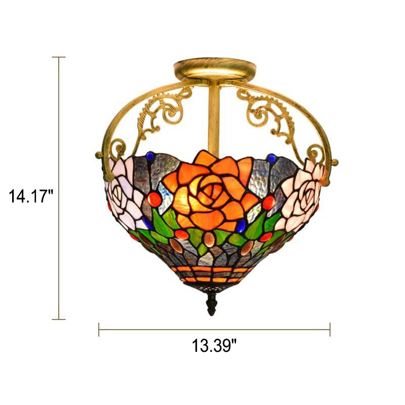 Tiffany European Stained Glass Rose Design 2-Light Semi-Flush Mount Light