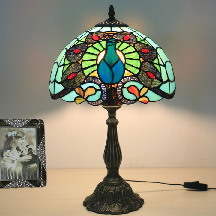 European Tiffany Green Peacock Stained Glass 1-Light Table Lamp