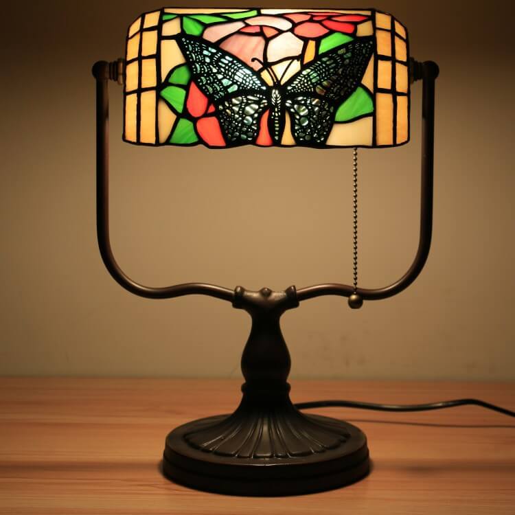 Tiffany Floral Butterfly Stained Glass 1-Light Bank Zipper Table Lamp