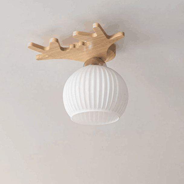 Lámpara de techo semiempotrada de 1 luz con cúpula de cristal y diseño de asta en madera maciza estilo nórdico contemporáneo para pasillo 
