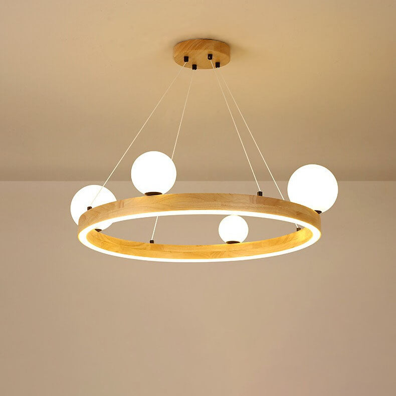 Nordic Minimalist Wood Circle Glass Ball 3/4 Light Chandelier