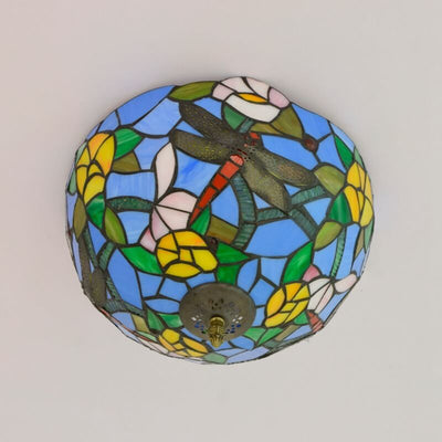 Tiffany Dragonfly Flower Stained Glass Bowl 2-Light Flush Mount Ceiling Light