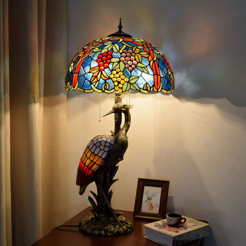 Tiffany Vintage Crane Base Colored Grape Glass Lampshade Design 3-Light Tischlampe