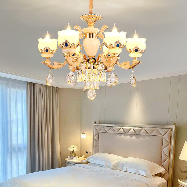 Modern Luxury Floral Candelabra Zinc Alloy Crystal Jade 6/8/10/15 Light Chandelier