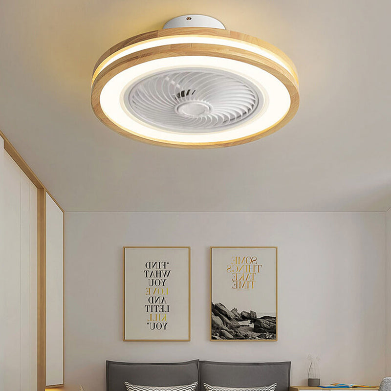 Modern Minimalist Wood Geometric LED Flush Mount Ceiling Fan Light