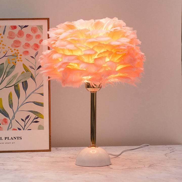 Modern Art Deco Feather Iron Round Shade Gold Pole 1-Light Table Lamp for Bedroom