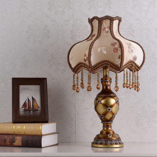 European Vintage Fabric Tassel Bead Resin 1-Light Table Lamp