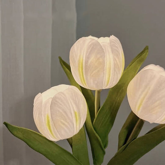 Tulipe Simulation Bouquet Pot de Fleur en Céramique Lampe de Table Lumière Nocturne LED 