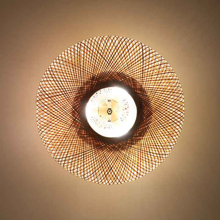 Traditionelle japanische 3-flammige Semi-Flush-Deckenleuchte in runder Bambusflechtoptik im Flying-Saucer-Design für das Schlafzimmer 