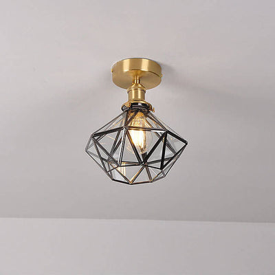 Modern Brass Glass Diamond 1-Light Semi-Flush Mount Ceiling Light