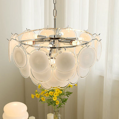 French Vintage White Glass Round Shell 5 Light Chandelier