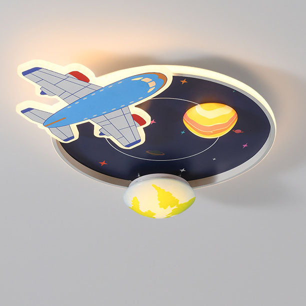 Contemporary Creative Round Acrylic Iron LED Aircraft Space Cartoon Kids Flush Mount Ceiling Light For Bedroom