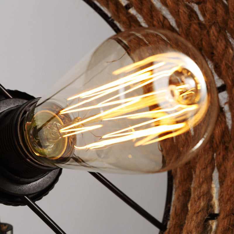 Contemporary Industrial Hemp Rope Iron Cone Straw Hat 1-Light Pendant Light