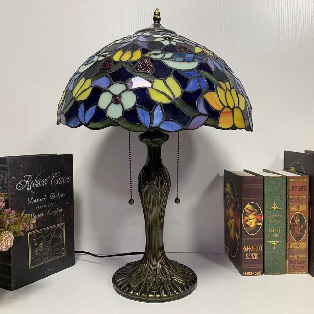 Lampe de table à 1 lumière en forme de fleur en vitrail en fer de luxe Tiffany 