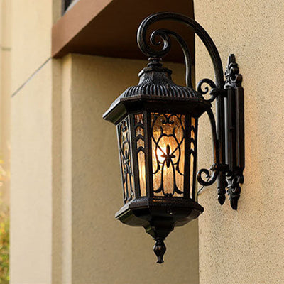 European Outdoor Carved Cage Aluminum Glass 1-Light Wall Sconce Lamp