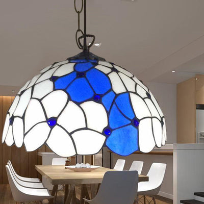 Traditional Tiffany Round Iron Stained Glass 1-Light Pendant Light For Living Room