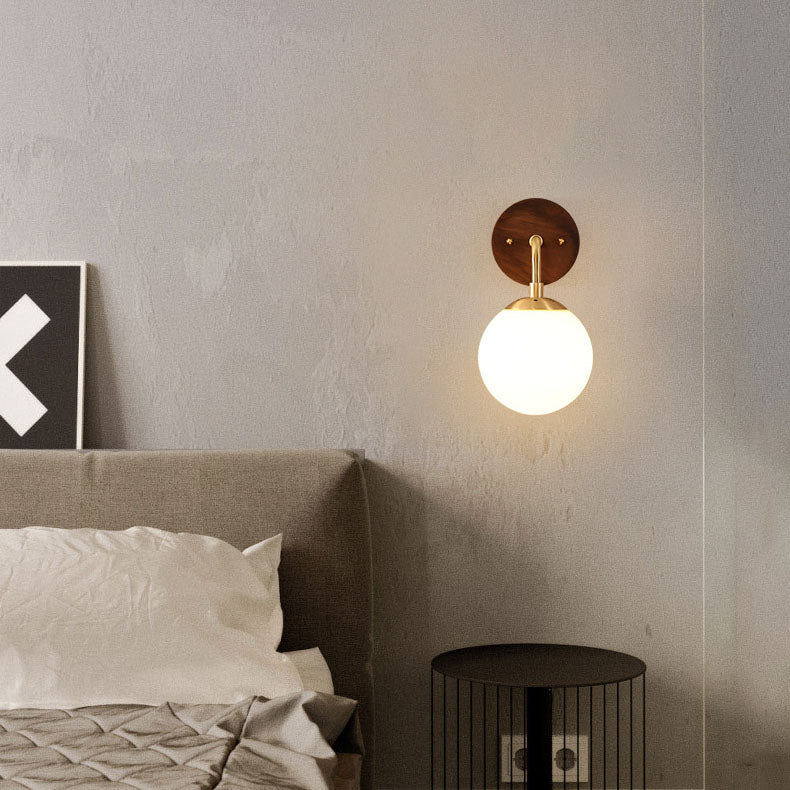 Contemporary Nordic Walnut Brass Glass Round Orb 1-Light Wall Sconce Lamp for Living Room
