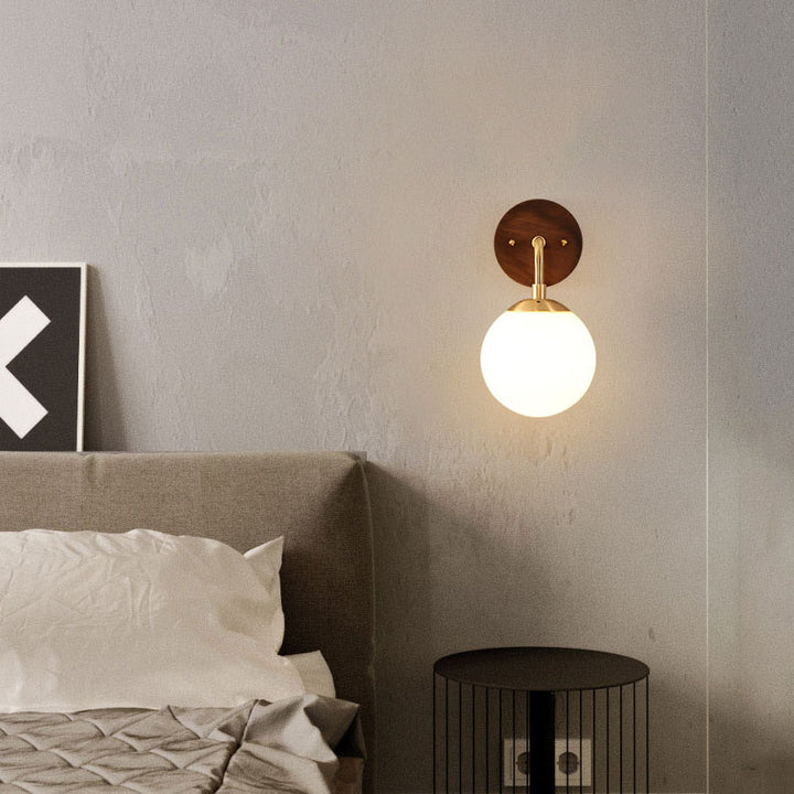 Contemporary Nordic Walnut Brass Glass Round Orb 1-Light Wall Sconce Lamp for Living Room