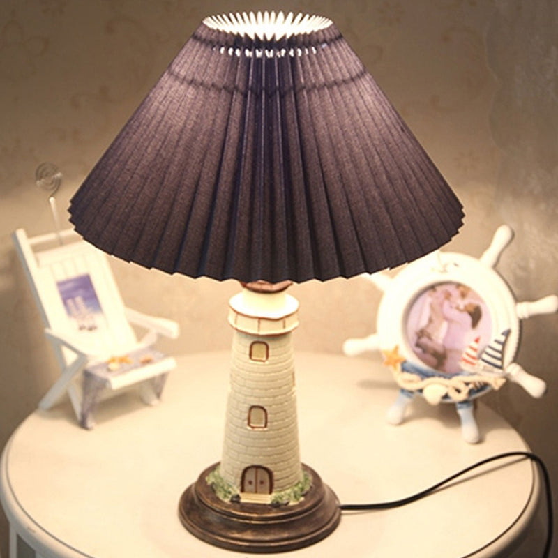Creative Mediterranean Pleated Lampshade Lighthouse Base 1-Light Table Lamp