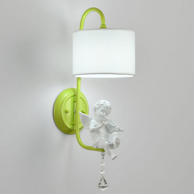 French Cream Angel Iron Crystal Resin Fabric 1-Light Wall Sconce Lamp