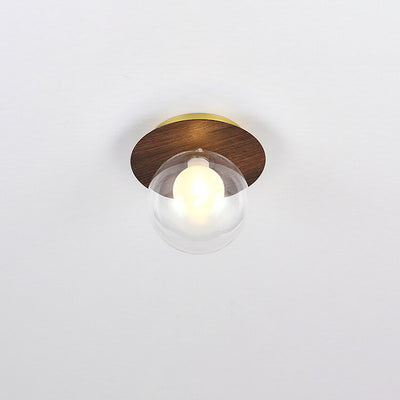 Japanese Minimalist Glass Iron Woodgrain 1-Light Semi-Flush Mount Ceiling Light