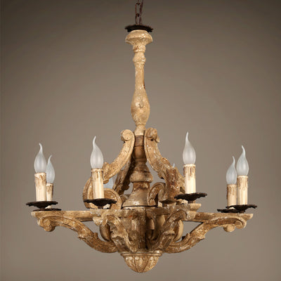 European Rustic Vintage Solid Wood 6-Light Chandelier