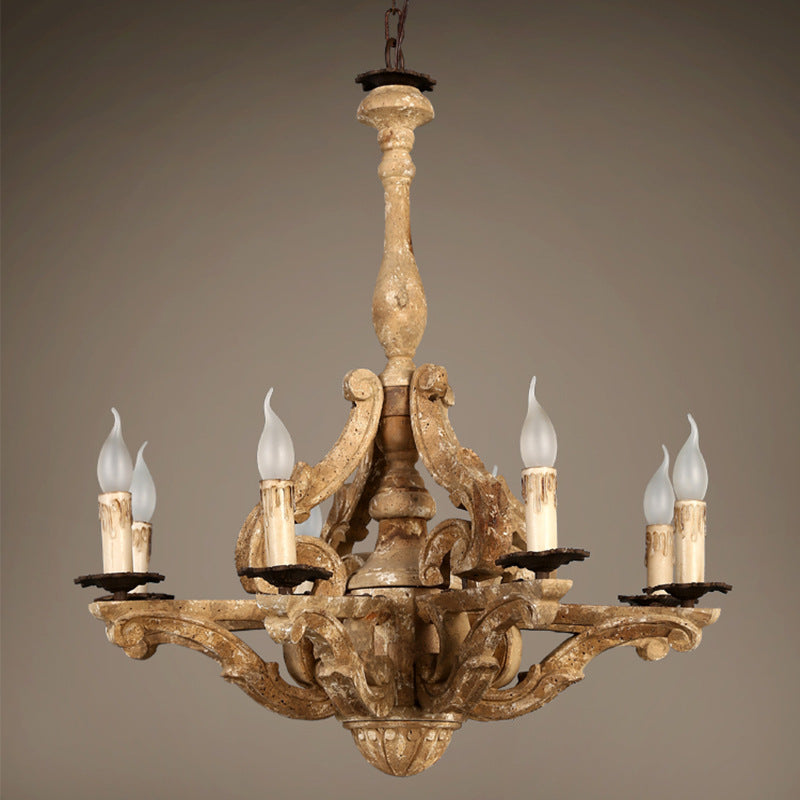 European Rustic Vintage Solid Wood 8-Light Chandelier
