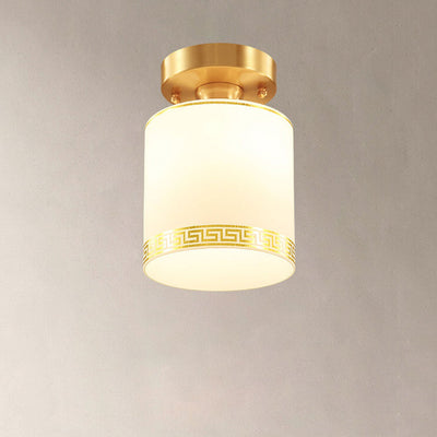 Modern Chinese Full Brass Glass Cylindrical 1-Light Semi-Flush Mount Ceiling Light